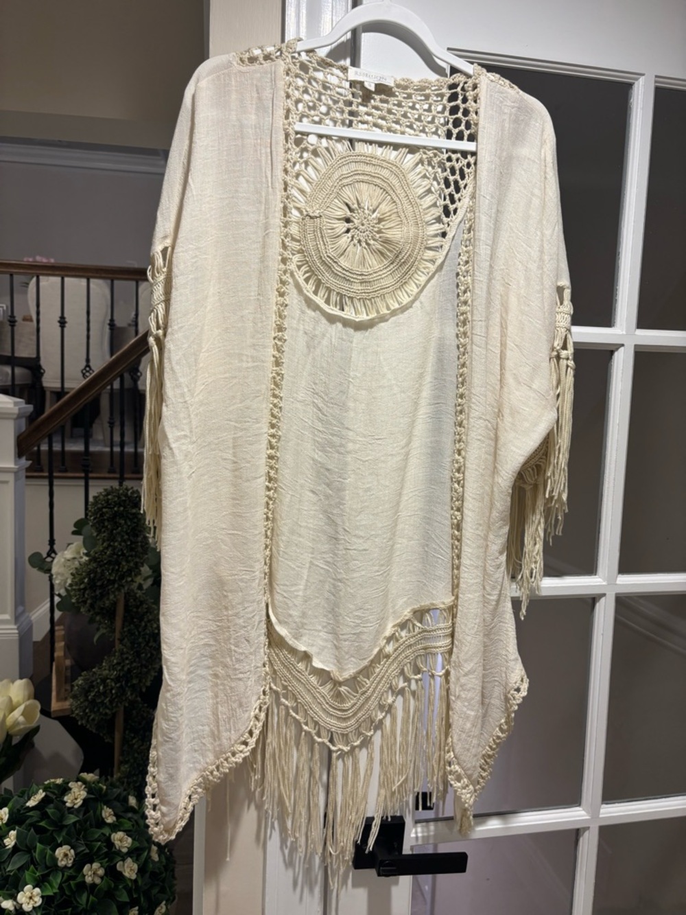 Women's Cream Crochet Fringe Boho Kimono Beach Cover Up - Size Small NWOT